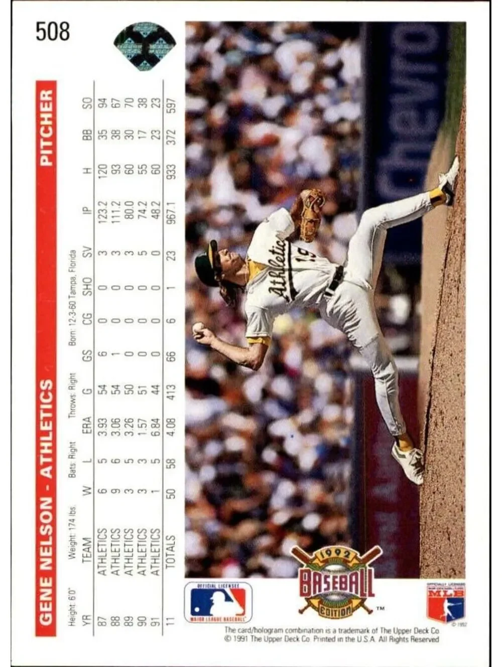 Gene Nelson 1992 Upper Deck MLB #508 Baseball Card Oakland Athletics